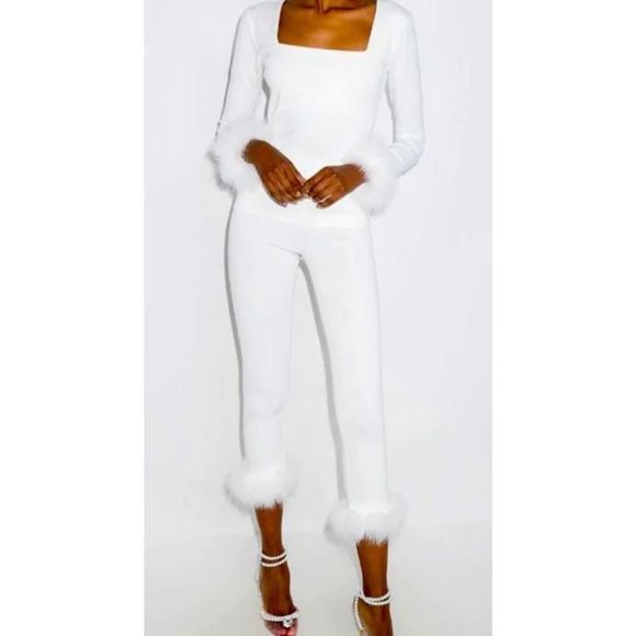 Elegant White Pajama Set with Fur Trim